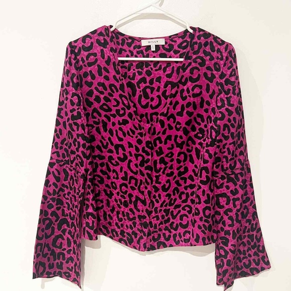 MILLY Leopard Print 100% Silk Fuchsia Blouse - Picture 3 of 8
